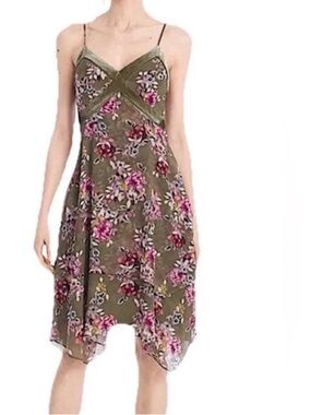 White House Black Market Green Pink Asymmetrical Floral Dress Embroidered 00 XS